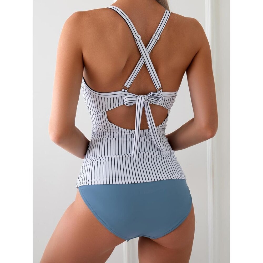 Women's Ruched Tankini Swimsuit Two Piece V Neck Push Up Tummy Control Beachwear - Picture 3 of 5
